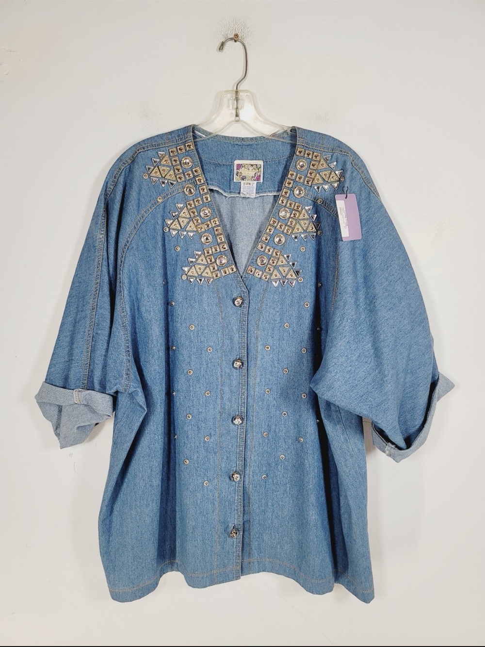 Monique Fashion Embellished Denim Button-Up Top - Light Blue, Size 2X